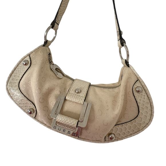 VTG Guess Y2K Cream Logo Faux Croc Patent Leather Shoulder Bag Studded EUC - Picture 3 of 13